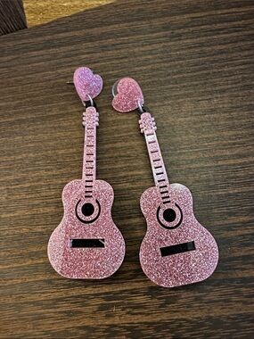 Pink Glitter Guitar Dangle Earrings